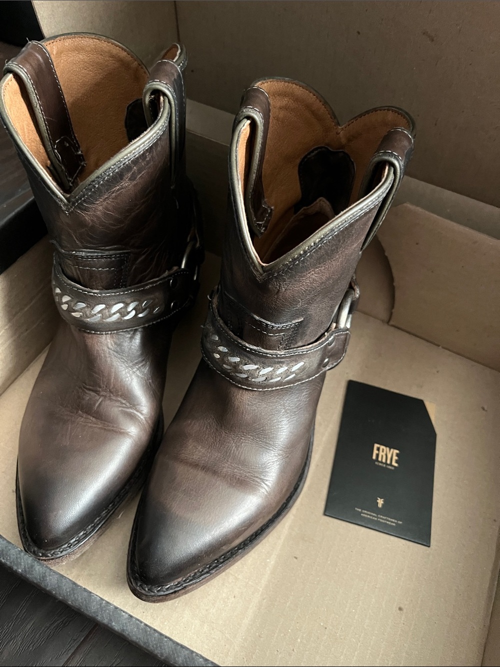 Frye Brown Leather Harness Ankle Boots